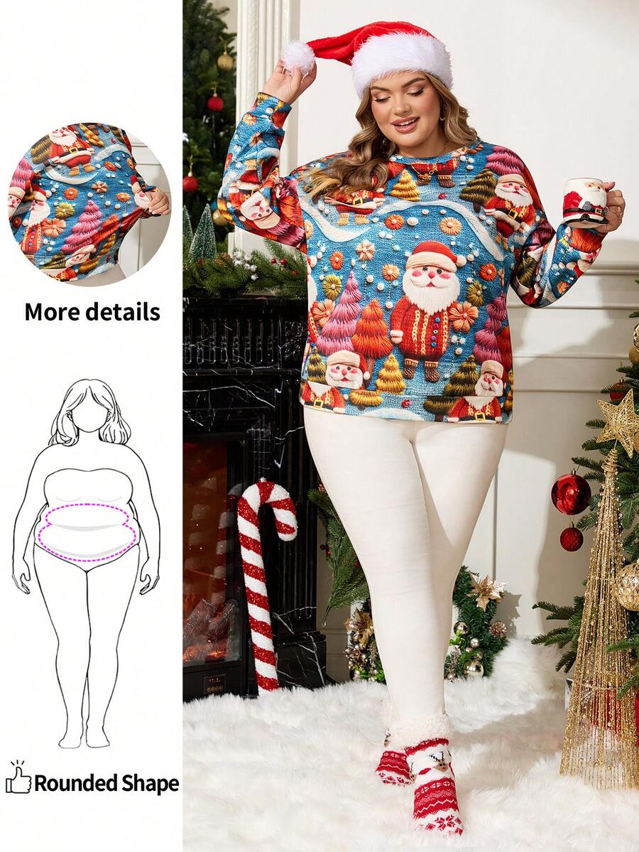 Enliva Sudadera holgada y casual con gráfico navideño colorido, forrada térmicamente, de manga larga, para mujeres de talla grande con figura redondeada, para otoño/invierno - Multicolor - Ver 1