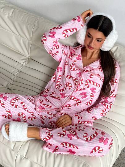 Aloruh Women's Casual And Comfortable Christmas, New Year Party, Candy Cane And Bow Print Long-Sleeved Pajama Set, Suitable For Winter, Pink Pajama Set, Autumn Clothing