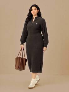 Juhart Plus Size Women Sweater Dress, Solid Color Knitted Seahorse Pattern, Casual For Autumn/Winter, Suitable For Christmas, Halloween, Back To School Season - Coffee Brown - View 3