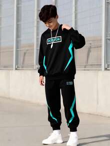 Vacaura 男童两件套，青少年（男）春/秋/冬波士顿印花圆领卫衣搭配 Lightning 休闲运动裤套装 - 彩色 - 查看 1