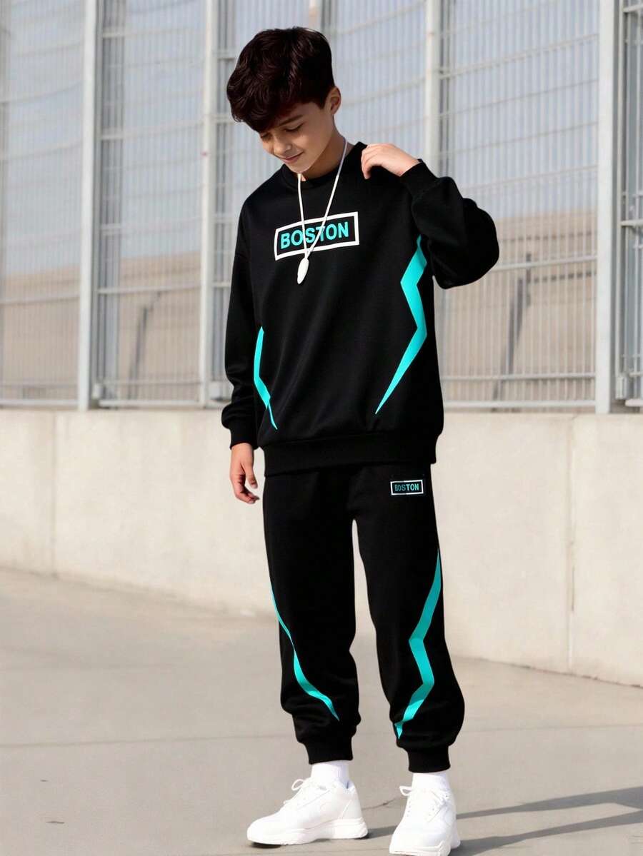 Vacaura 男童两件套，青少年（男）春/秋/冬波士顿印花圆领卫衣搭配 Lightning 休闲运动裤套装 - 彩色 - 查看 1