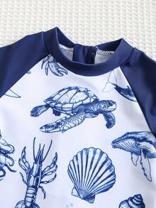 SHEIN Baby Boy/Girl Colorblock Cute Ocean Shell Print Long Sleeve Rash Guard Swimsuit, Suitable For Spring, Summer, Autumn, Winter Outdoor, Travel, Beach, Pool, Party, Surfing, Sun Protection - Navy Blue - View 7
