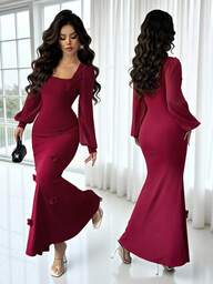 Rafferiza Women's Square Collar Three-Dimensional Flower, Flower Design, Women's Transparent Chiffon Sleeves, Elastic Tight Waist-Cinching Fishtail Hem, Elegant Dress,Fashionable And Elegant, It Is Suitable For Daily Wear, Weddings, Banquets, Daily Commutes, Graduation Parties, Festival Events, Vacations, Dates, Parties, Halloween, Christmas, New Year And Thanksgiving