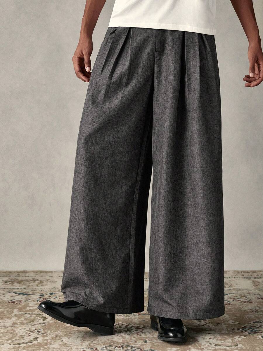 SWAVVY 男士纯色褶裥休闲阔腿裤 - 灰色 - 查看 1