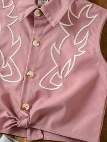 SHEIN 年轻女孩春夏 2025 新款西部图腾刺绣扭结酒红色衬衫，适合日常活动、郊游和社交聚会 - 藕粉色 - 查看 4