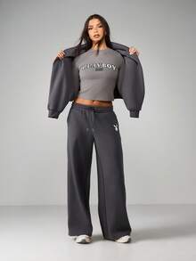 Missguided x Playboy 1953 修身长袖露脐上衣，圆领设计，采用柔软针织面料，适合日常休闲穿着。 - 灰色 - 查看 3