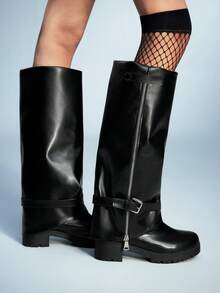 Sugerpunk Sepatu Bot Setinggi Lutut Wanita Sol Tebal Warna Polos Kasual untuk Natal - Hitam - View 5