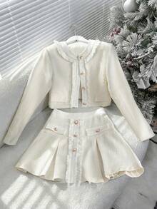 EMERY ROSE 2pcs/Set Women's Elegant Commuting & Party Outfit, Faux Pocket Pearl Decor Button Long Sleeve Jacket And A-Line Zipper Skirt, Autumn/Winter - White - View 3