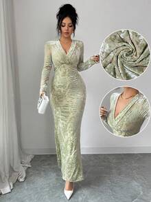 Rafferiza Women's Velvet Burnout Draped Neck Long Sleeve Fitted Midi Dress, Winter - Green - View 8