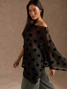 SHEIN BAE 女士黑色夜店时尚性感半透明波点露肩派对上衣，适合女士夜间外出聚会，波点薄纱上衣 - 黑色 - 查看 7