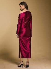 Poéselle 女士优雅纯色修身不对称领连衣裙 - 棕色 - 查看 7