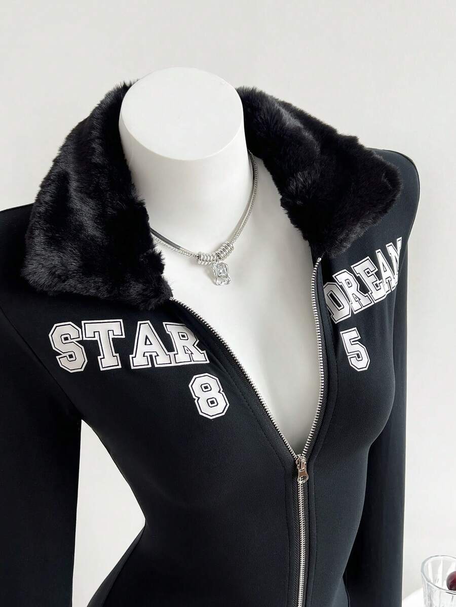 Elamini Women's Raglan Sleeve Zip-Up Fitted Bodysuit With Fur Collar & Letter Graphic - Black - View 1