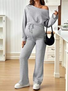 SHEIN Set de maternidad de 2 piezas: Sudadera de manga larga con hombro asimétrico de unicolor y pantalones con cordón en la cintura, casual - Gris - Ver 8