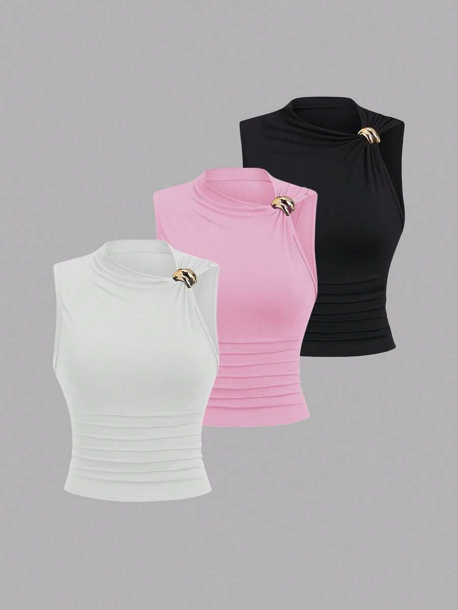 Sweetra 女士褶皱修身夏季上衣 - 彩色 - 查看 1