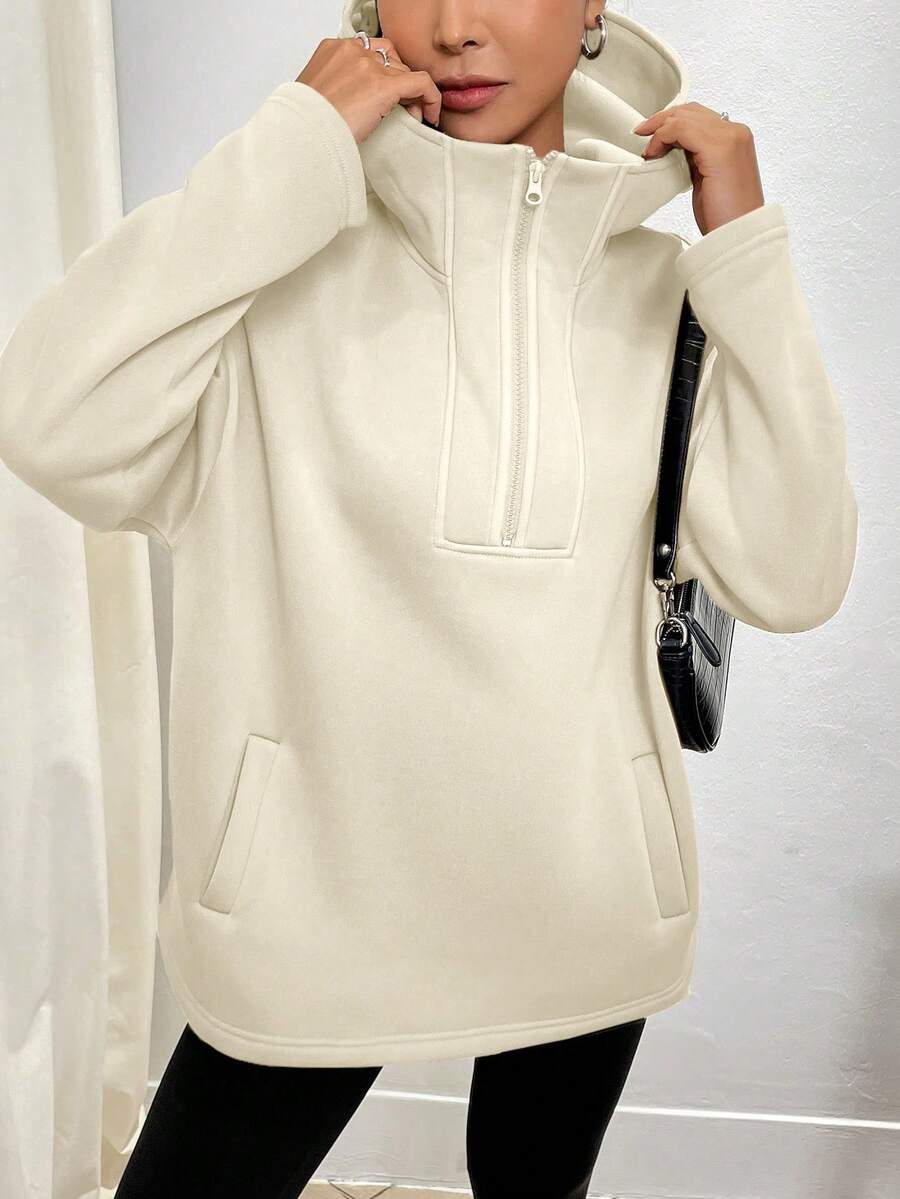 EMERY ROSE Women's Solid Color Hooded Half-Zip Casual Sweatshirt - Beige - View 1