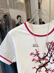 Resyla Women's Casual Patchwork Striped & Cherry Blossom Print Round Neck Short Sleeve T-Shirt, Summer - White - View 4