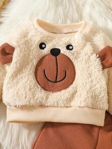 2pcs Newborn Baby Autumn/Winter Outfit, Cute Plush Bear Design Baby Clothes Set - Apricot - View 4