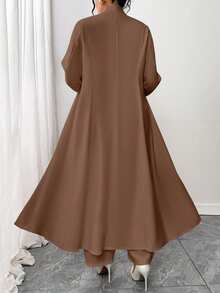 SHEIN Tall CURVE Elenzga 2pcs/Set Plus Size Women Solid Color Button Collar Long Jacket And Long Pants Suit - Brown - View 2