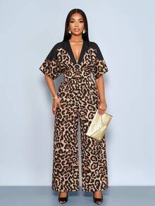 SOLERSUN Women's Wear, Casual Everyday, Elegant Commuter, Black/Brown With Black Gradient Leopard Print, Deep V-Neck, Gathered Shoulders, Short Sleeves, High Waist, Batwing Sleeve Ruched Waist Pleated Wide Leg Jumpsuit - Brown - View 4