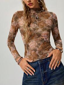 Freevana Women's Casual Vacation Style Floral Print Funnel Neck Long Sleeve Fitted Cropped Top, Autumn Boho Women Clothing Western Sheer Top Romantic - Multicolor - View 4