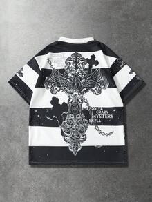 ROMWE MEN Men's Polo Shirt, Casual Spring/Summer Street Style American Short Sleeve Polo Shirt - Black and White - View 2