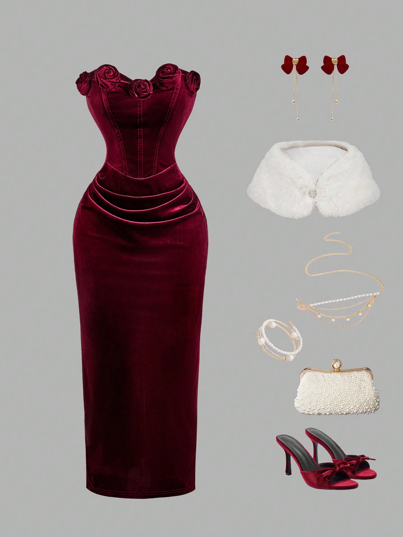 فستان أنبوبي متوسط الطول من الفيلكت بزهرة ثلاثية ا...