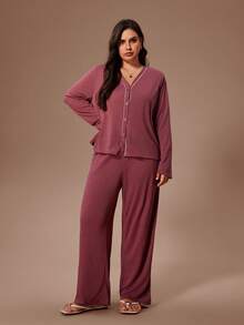Lazeform Conjunto de pijama de punto suave y cómodo de unicolor con ribete de contraste, talla grande - Rojo - Ver 1