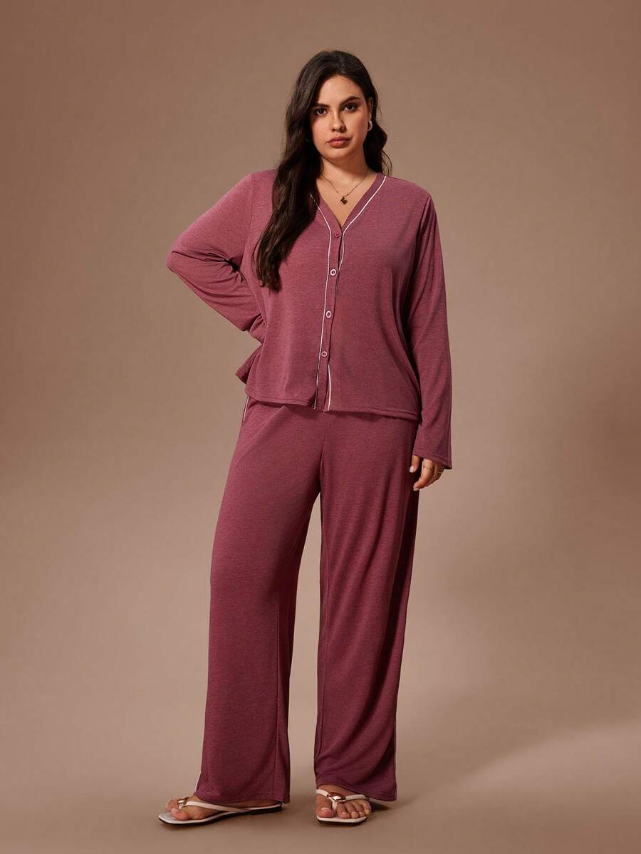 Lazeform Conjunto de pijama de punto suave y cómodo de unicolor con ribete de contraste, talla grande - Rojo - Ver 1