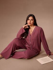 Lazeform Conjunto de pijama de punto suave y cómodo de unicolor con ribete de contraste, talla grande - Rojo - Ver 3