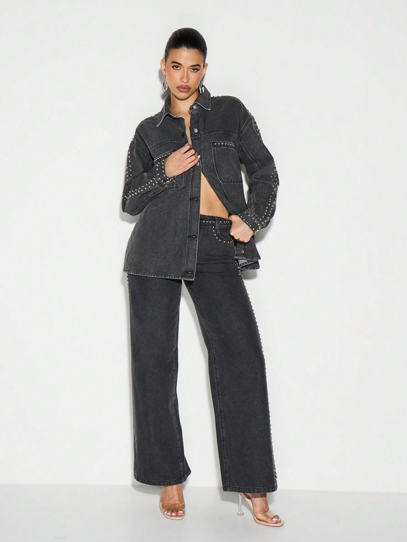 KIZN Studded Wide Leg Washed Denim Jeans