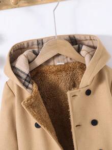 SHEIN Young Boy Loose Fit Hooded Thermal-Lined Double-Breasted Wool Blend Jacket, Suitable For Christmas, Thanksgiving, Winter - Khaki - View 3