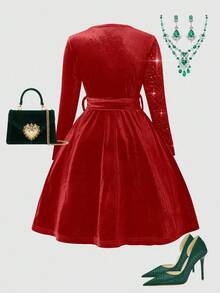 Women's Party Rhinestone Velvet Patchwork Long Sleeve Dress - Red - View 2