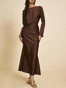 Poéselle Vestido de manga larga con cintura ceñida de unicolor elegante para mujeres - Marrón - Ver 4