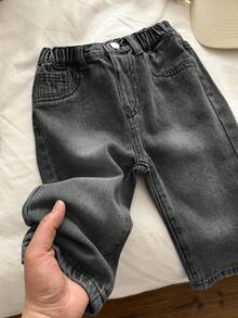 SHEIN Baby Boy Solid Color Elastic Waist Casual Versatile Jeans - Black - View 6