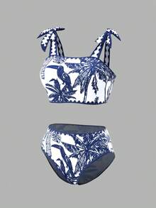 Swim Oasis Women's Blue & White Tropical Bird, Palm Tree, Zig Zag Print Swimsuit Set, Beach Holiday Casual Boho Style Blue & White Bikini With Sarong Skirt Set - Blue and White - View 7