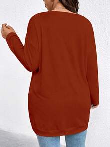 EMERY ROSE Camiseta casual holgada de manga larga con cuello redondo y hombros caídos en unicolor para mujer de talla grande - Naranja - Ver 3
