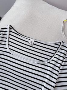 SHEIN Teen Girls' Striped Crew Neck Fitted Casual Cropped Long Sleeve T-Shirt,Summer,Y2k,Vacation,Streetwear,Holiday,New Years - Black and White - View 6