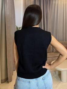 Milla Jasmine Chaleco de punto suelto de unicolor con cuello en V para mujer, otoño/invierno - Negro - Ver 6