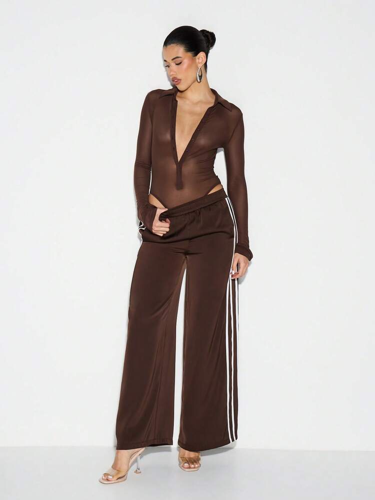 KIZN Pantalon de jogging en satin pour femmes avec détails de rayures latérales, taille haute, jambes larges, pantalon palazzo