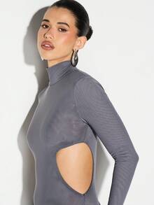 KIZN High Neck Long Sleeve Cut Out Draped Mini Dress Ruched Bodycon Party Winter Evening - Grey - View 4