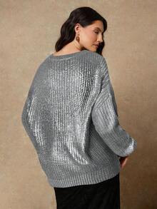 Freevana Plus Size Solid V-Neck Drop Shoulder Long Sleeve Loose Knit Pullover Sweater - Silver - View 2