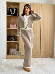 SHEIN Tall 2件套多色蝴蝶结休闲基本款针织套装，秋冬 - 卡其色 - 查看 11