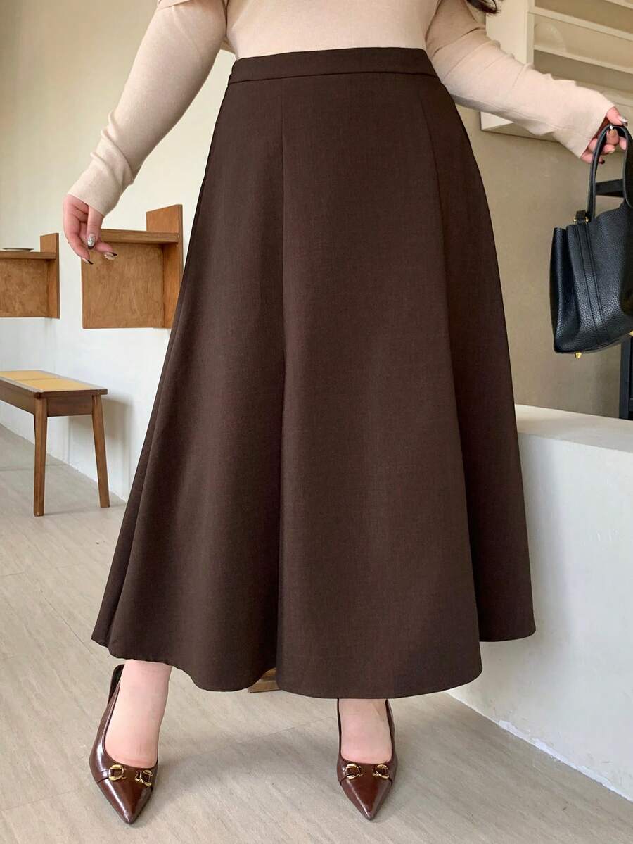 Dazy Plus Plus Size Women Solid Color Elastic Waist A-Line Long Skirt, Casual Commuting Loose Fit, Spring/Autumn - Brown - View 1