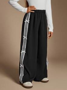 Radiana 少女蝴蝶结阔腿宽松休闲裤，黑色，百搭时尚，适合日常穿着 - 黑色 - 查看 6