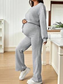 SHEIN Set de maternidad de 2 piezas: Sudadera de manga larga con hombro asimétrico de unicolor y pantalones con cordón en la cintura, casual - Gris - Ver 6