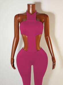 Mistrie Solid Color Halter Sleeveless Hollow Out Fashionable Fitted Jumpsuit - Hot Pink - View 5