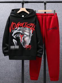 SHEIN 2 件青少年男童休闲字母标语印花连帽运动衫和运动裤套装，纯色基本百搭，适合通勤、上学、日常休闲、旅行、户外派对、运动、秋冬 - 彩色 - 查看 3
