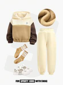 JNSQ 2pcs/Set Young Boy's Thickened Color Block Hoodie & Sweatpants Set, Autumn/Winter - Multicolor - View 1