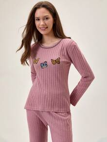 Loomlin 女士罗纹针织彩色刺绣长袖圆领上衣和裤子家居服休闲套装 - 粉色 - 查看 4