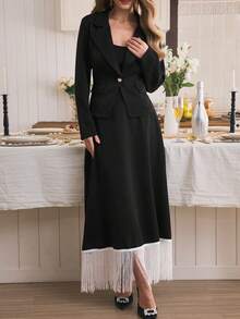 EMERY ROSE Standard Size Women's Fitted Blazer Jacket + Fringed Solid Color Mini Skirt Suit Set - Black - View 5